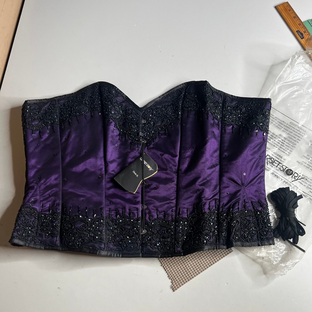 Corset Story Purple Satin Beaded Lace Steel Boned Overbust Corset Size 48